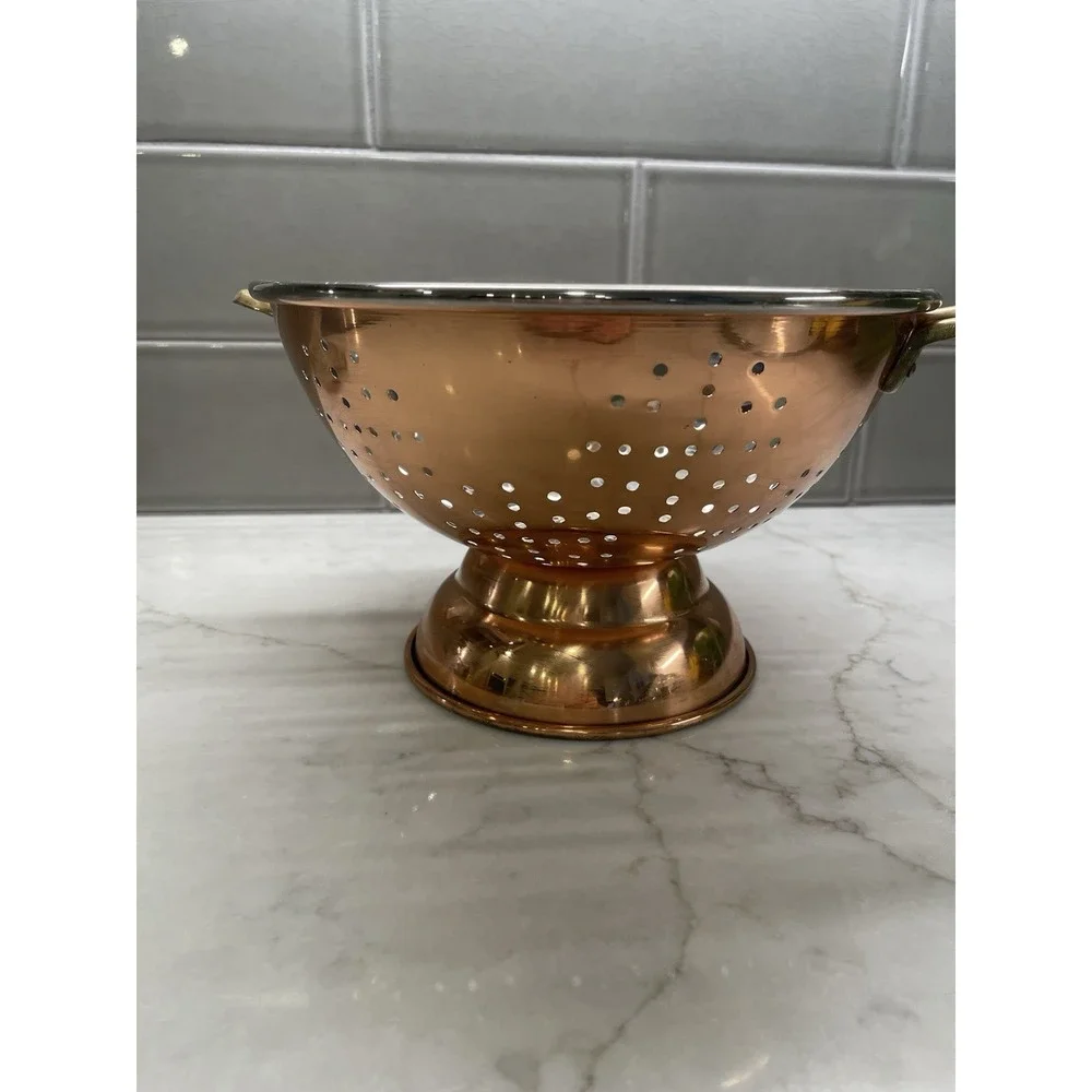 Vintage Solid Korean Copper Colander Footed Strainer Brass Handles Farmhouse 9